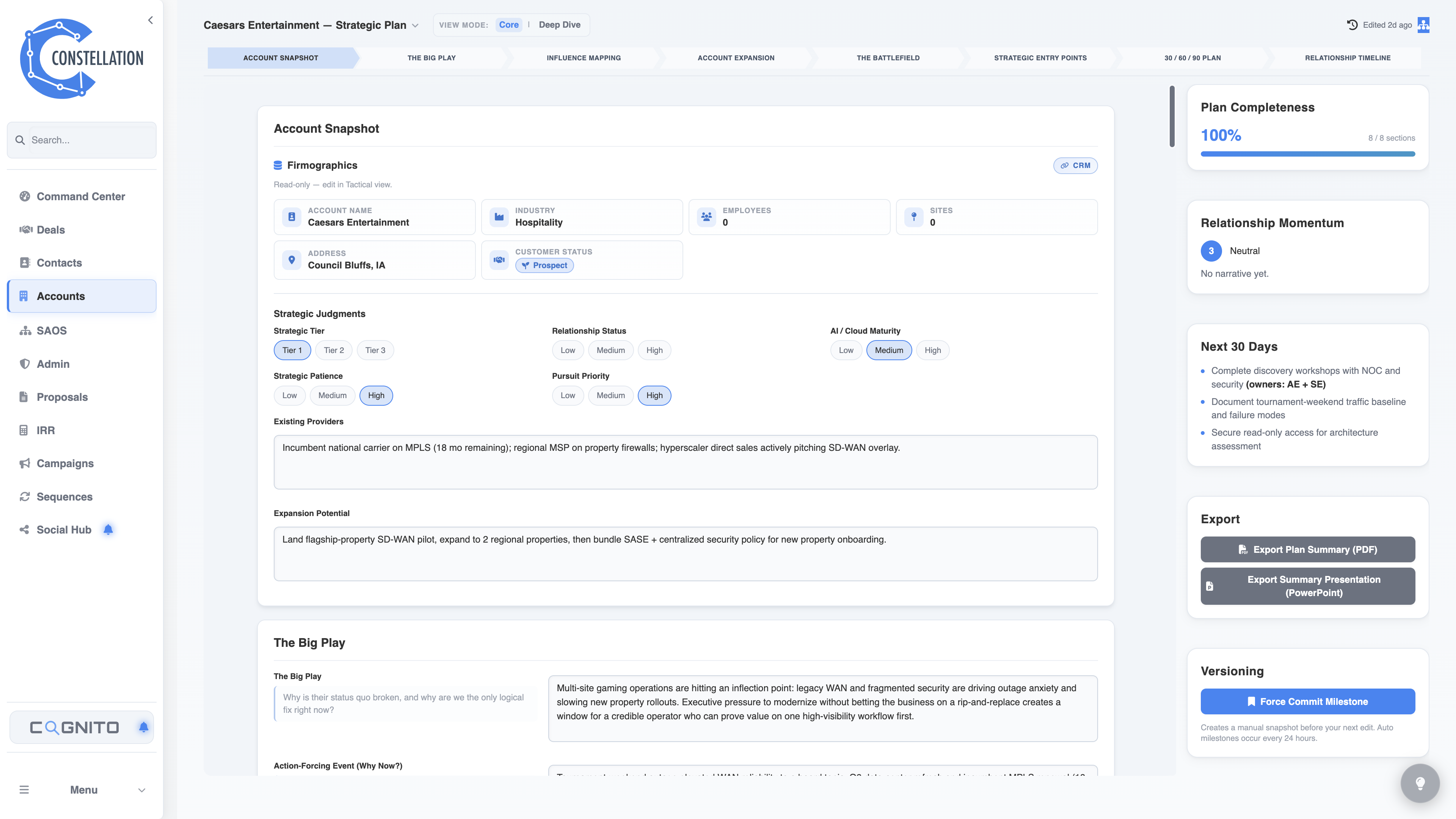 Caesars Entertainment SAOS account snapshot and strategic judgments